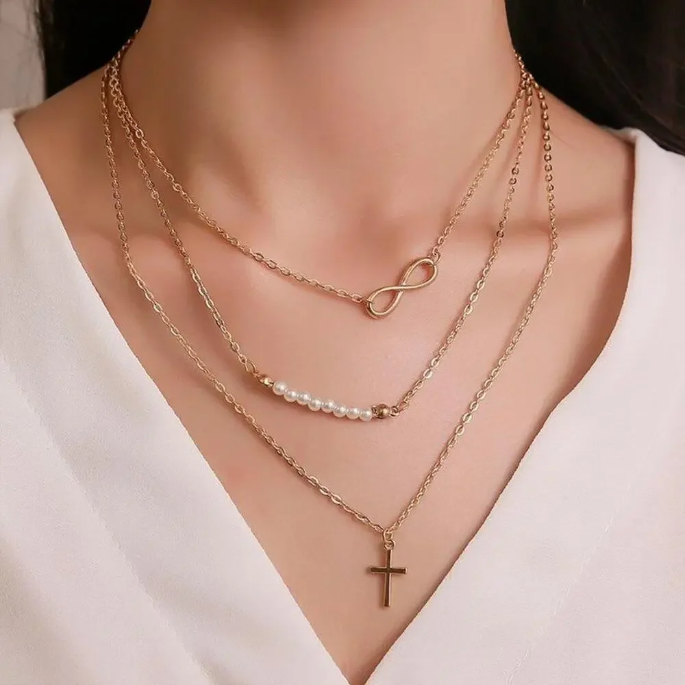 Long 8 Word Pearl Multi-layer Necklace Cross Pendant Necklace Gold Chain‎